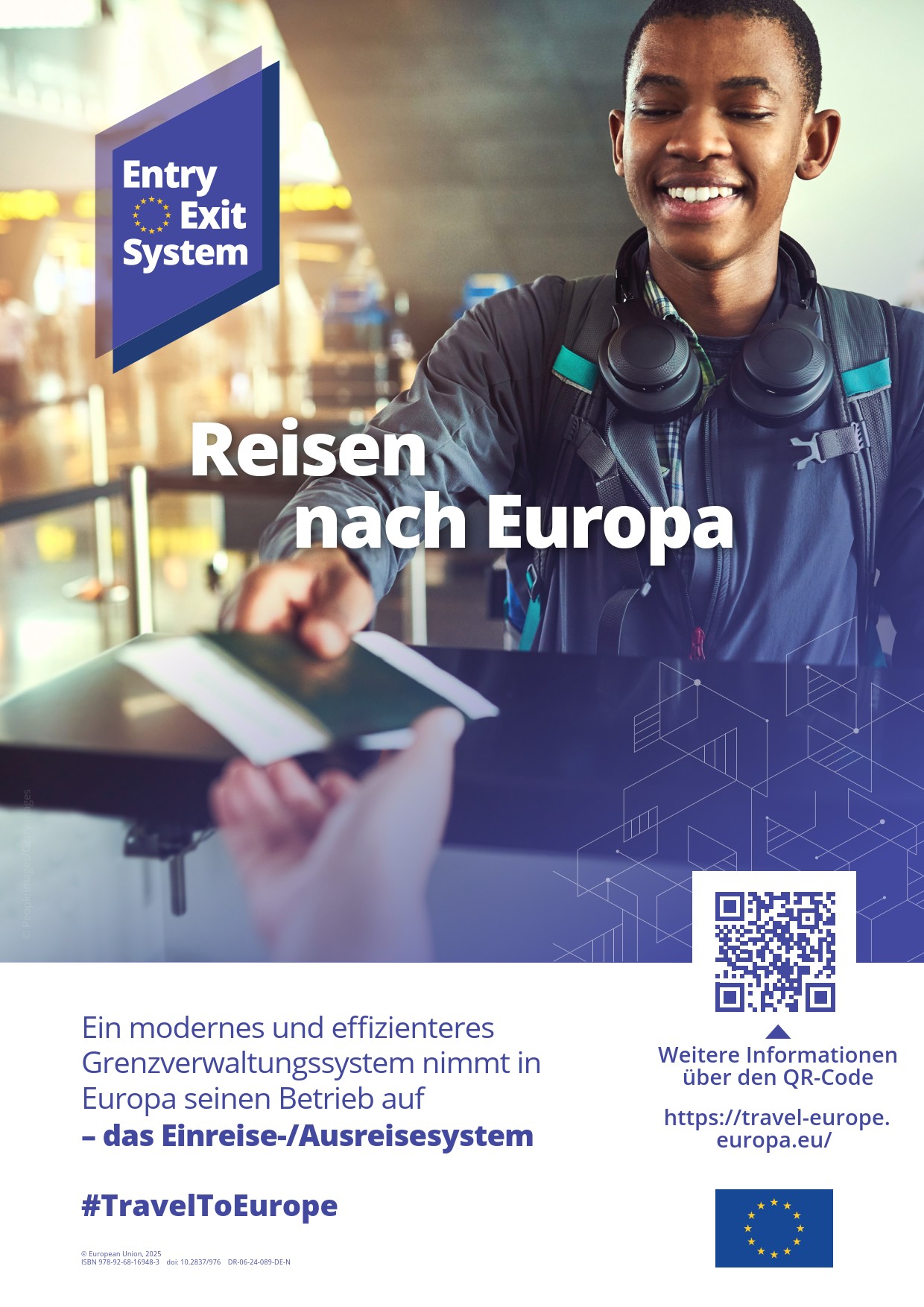 Plakat "Reisen nach Europa" mit einem Mann mit Kopfhörer, der seinen Pass vorlegt.